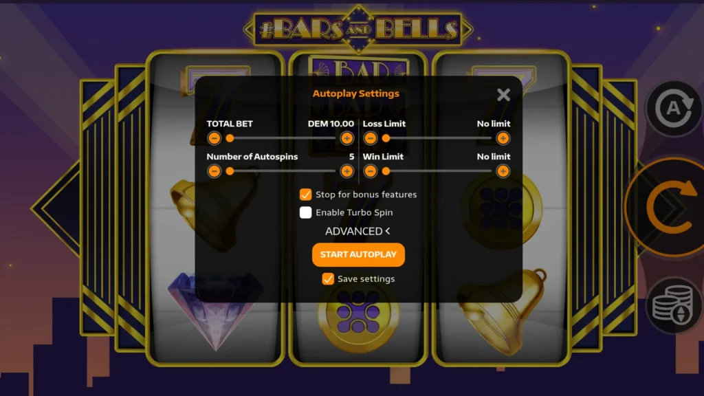 Het uitgebreide menu bij een autoplay slot