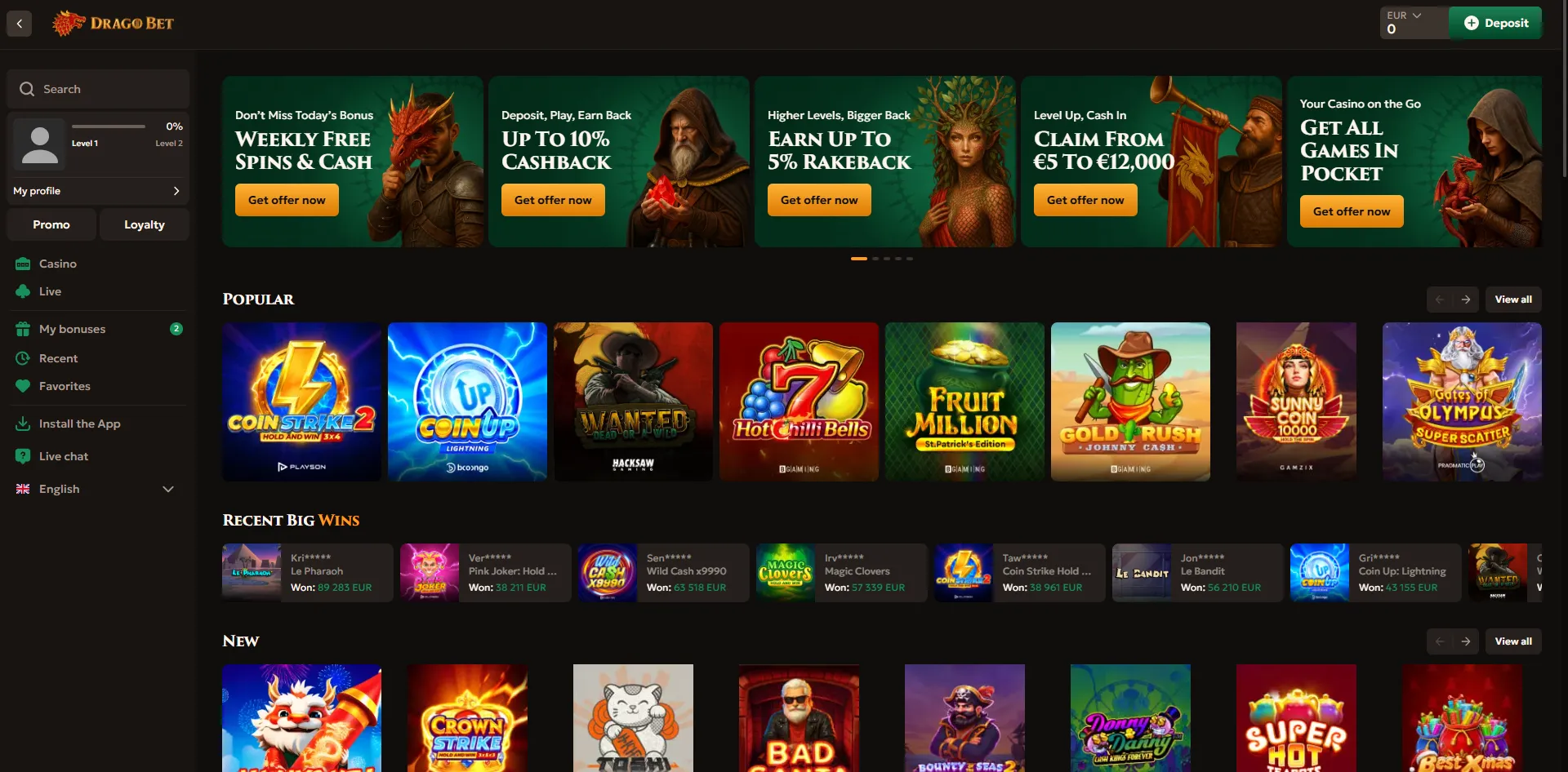 Een overzicht van de lobby van Dragobet casino