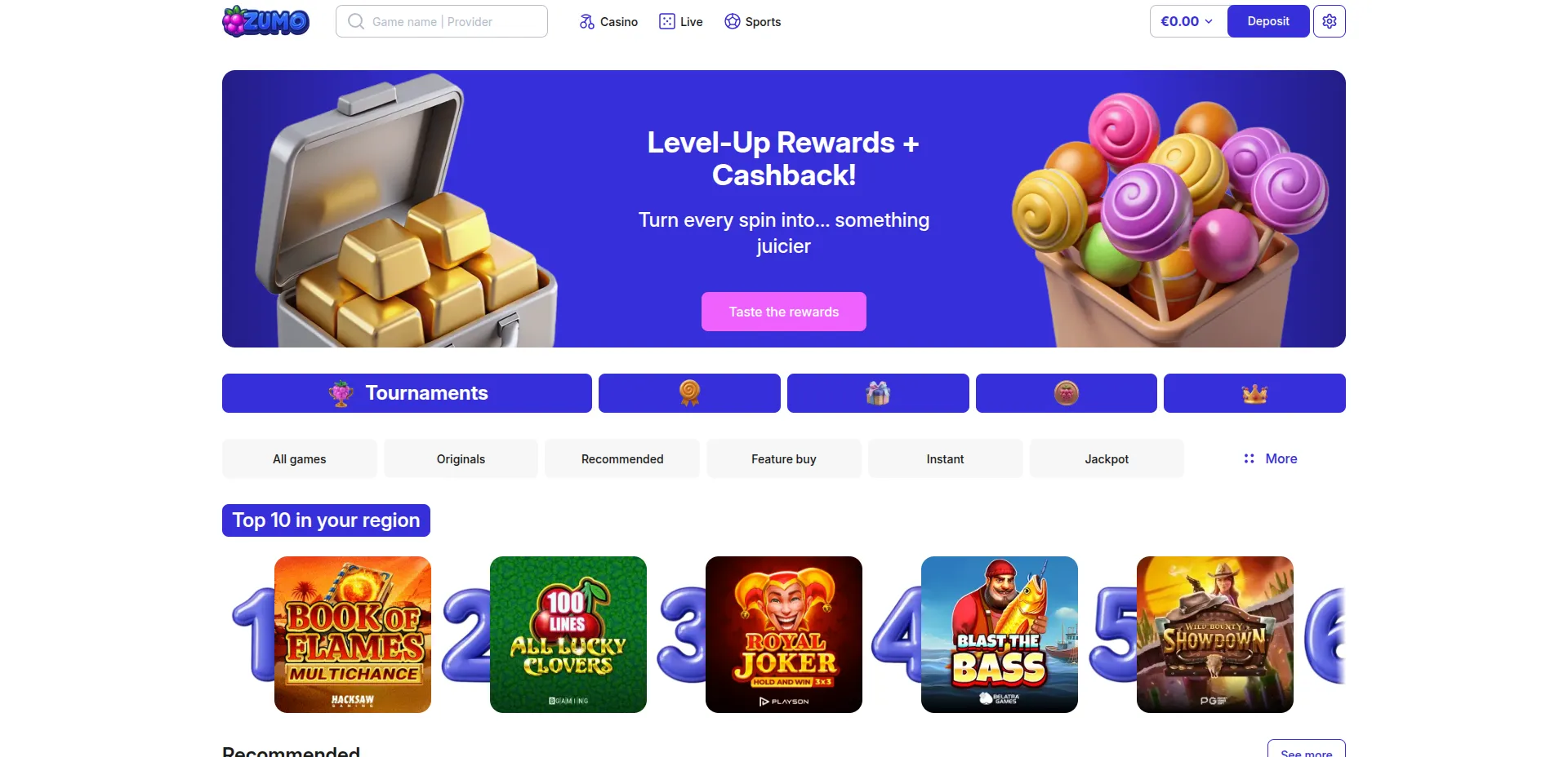 een overzicht van de lobby van Zumo casino